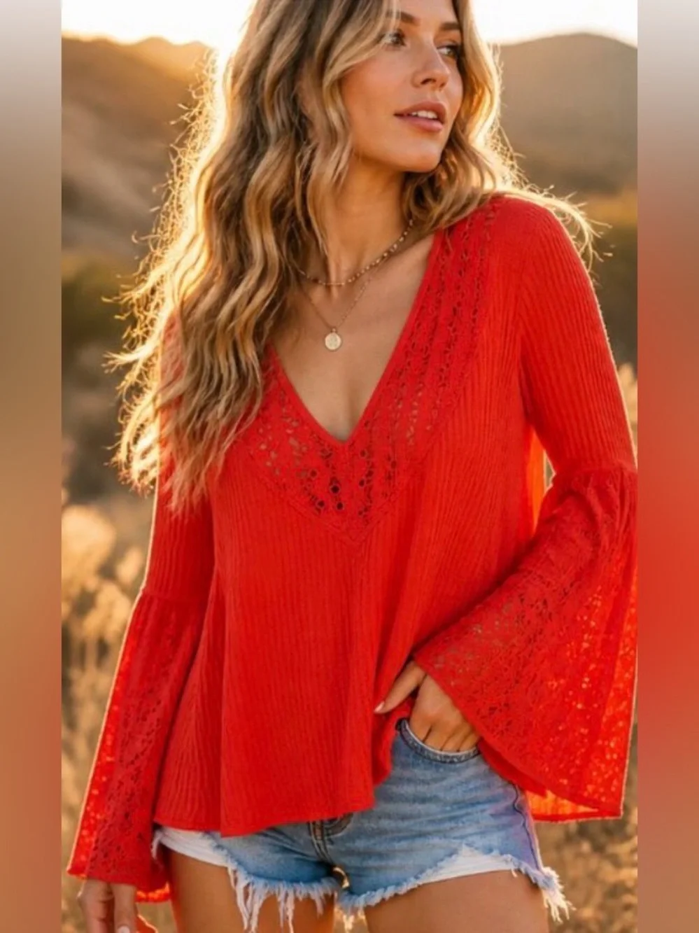 Free People Parisian Nights Top Medium Red Eyelet Lace Bell Sleeve Boho Hippie